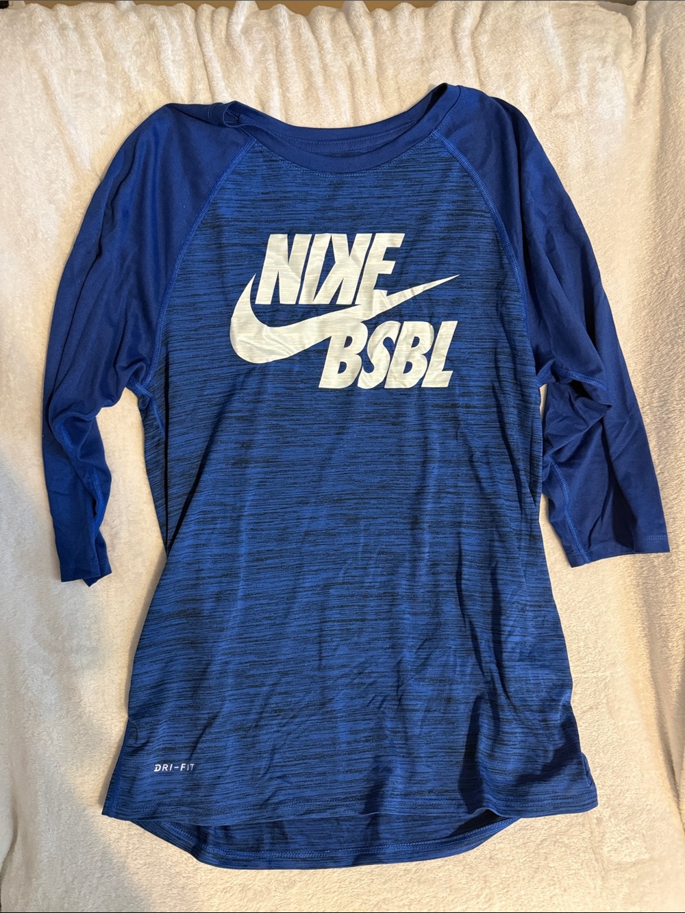 Nike Blue Raglan Dri-FIT Baseball Tee with White Logo